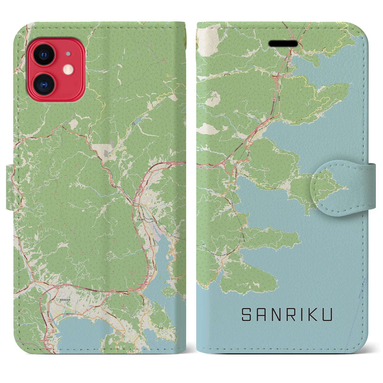 【三陸】地図柄iPhoneケース（手帳両面タイプ・ナチュラル）iPhone 11 用