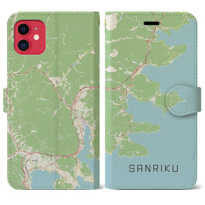 【三陸（岩手県）】地図柄iPhoneケース（手帳タイプ）ナチュラル・iPhone 11 用