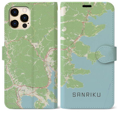【三陸（岩手県）】地図柄iPhoneケース（手帳タイプ）ナチュラル・iPhone 12 Pro Max 用