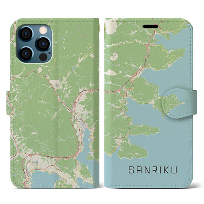 【三陸（岩手県）】地図柄iPhoneケース（手帳タイプ）ナチュラル・iPhone 12 / 12 Pro 用