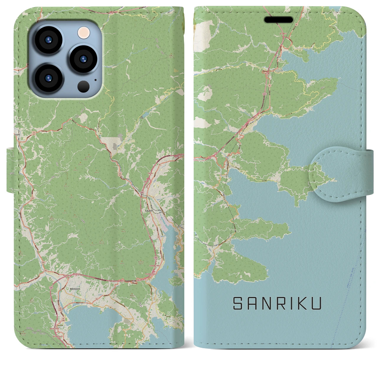 【三陸】地図柄iPhoneケース（手帳両面タイプ・ナチュラル）iPhone 13 Pro Max 用