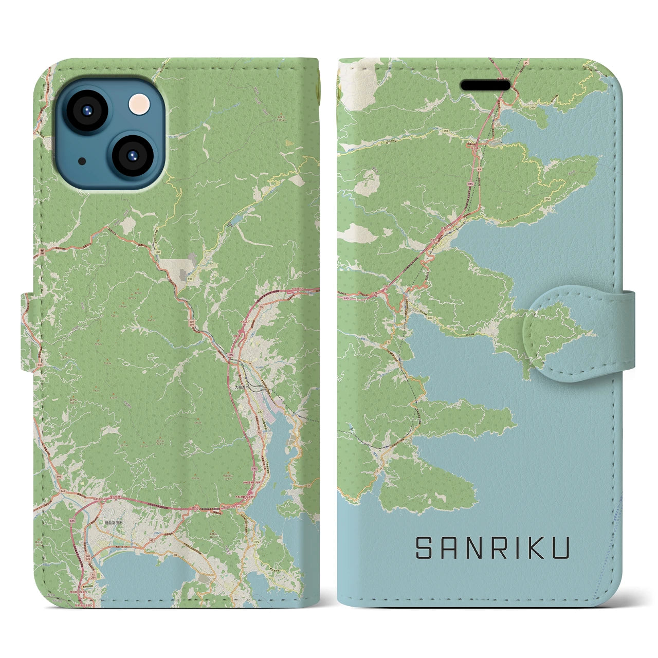 【三陸】地図柄iPhoneケース（手帳両面タイプ・ナチュラル）iPhone 13 用