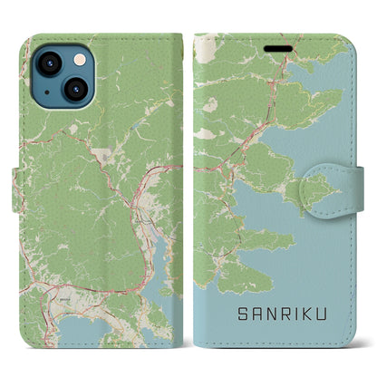 【三陸（岩手県）】地図柄iPhoneケース（手帳タイプ）ナチュラル・iPhone 13 用