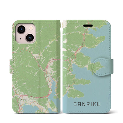 【三陸（岩手県）】地図柄iPhoneケース（手帳タイプ）ナチュラル・iPhone 13 mini 用