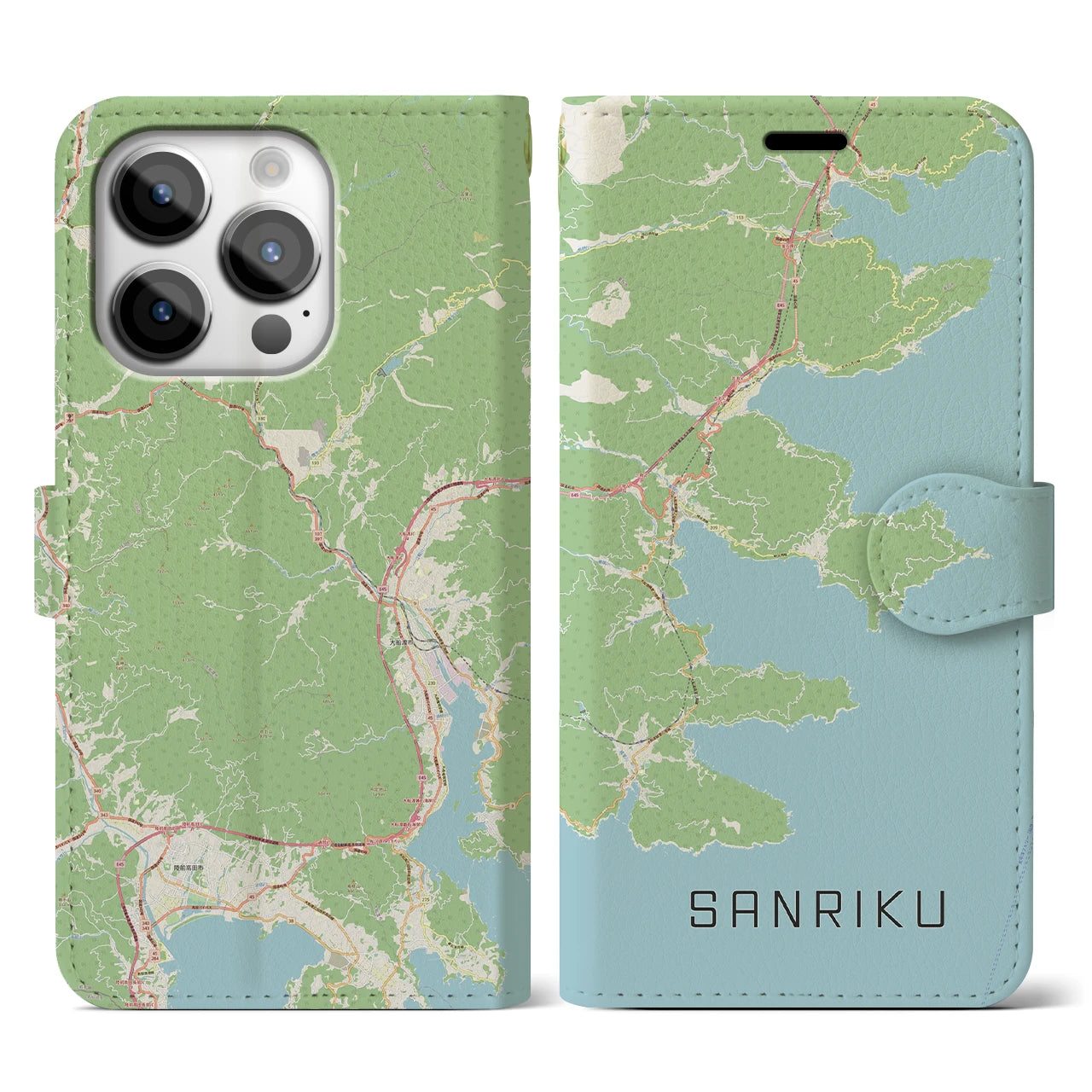 【三陸】地図柄iPhoneケース（手帳両面タイプ・ナチュラル）iPhone 14 Pro 用