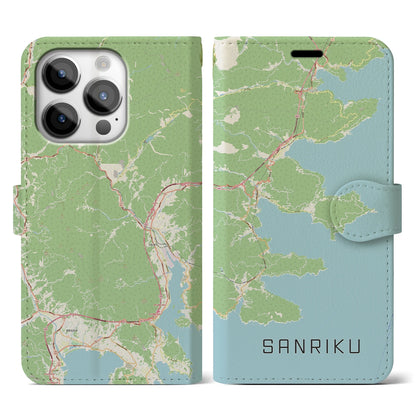 【三陸（岩手県）】地図柄iPhoneケース（手帳タイプ）ナチュラル・iPhone 14 Pro 用