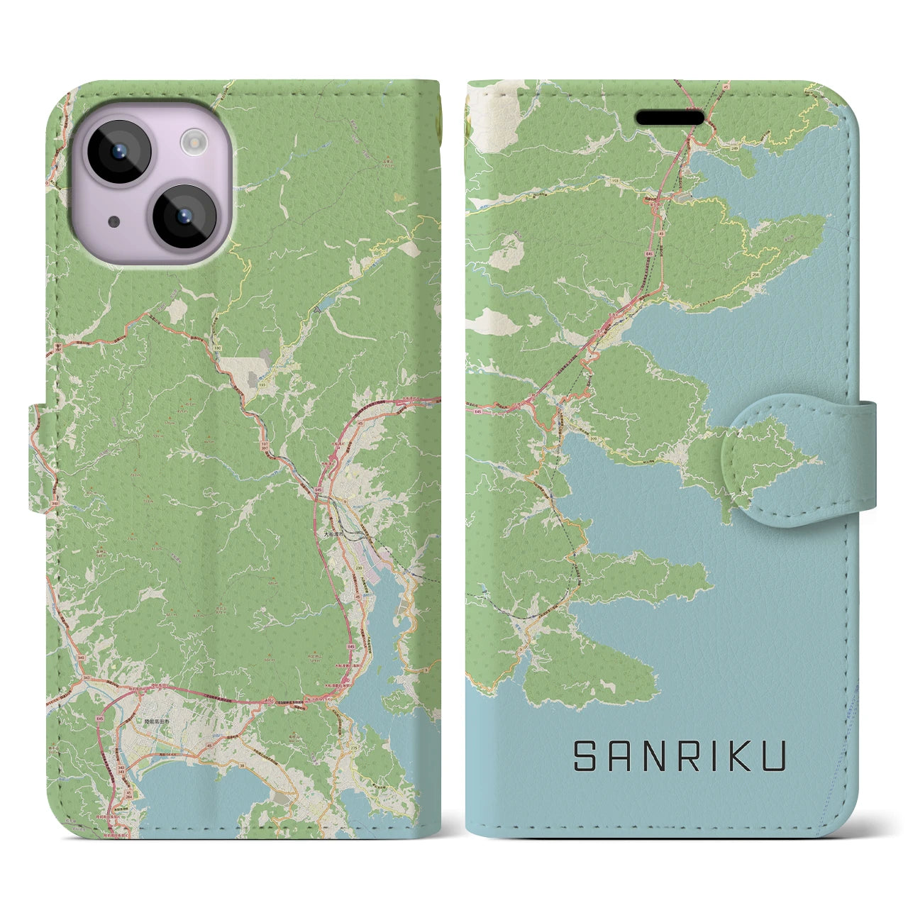 【三陸】地図柄iPhoneケース（手帳両面タイプ・ナチュラル）iPhone 14 用