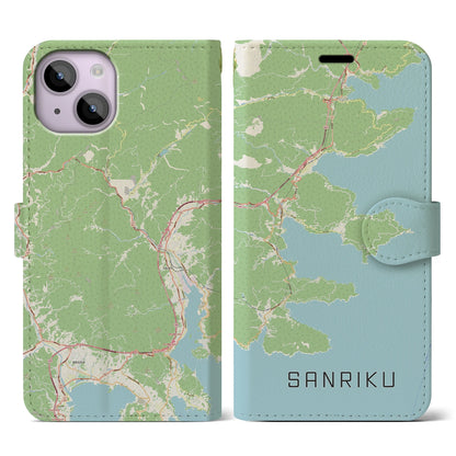 【三陸（岩手県）】地図柄iPhoneケース（手帳タイプ）ナチュラル・iPhone 14 用