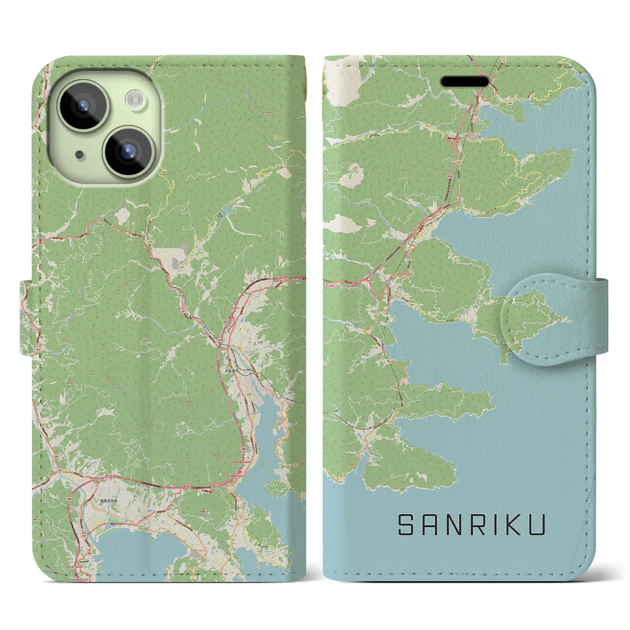 【三陸】地図柄iPhoneケース（手帳両面タイプ・ナチュラル）iPhone 15 用