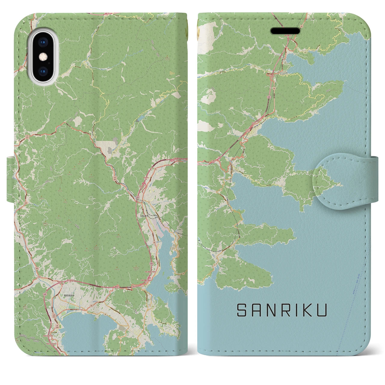 【三陸】地図柄iPhoneケース（手帳両面タイプ・ナチュラル）iPhone XS Max 用