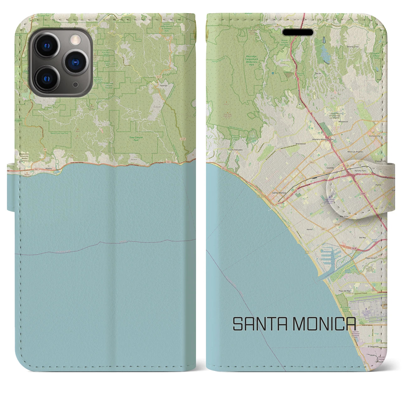 【サンタモニカ】地図柄iPhoneケース（手帳両面タイプ・ナチュラル）iPhone 11 Pro Max 用