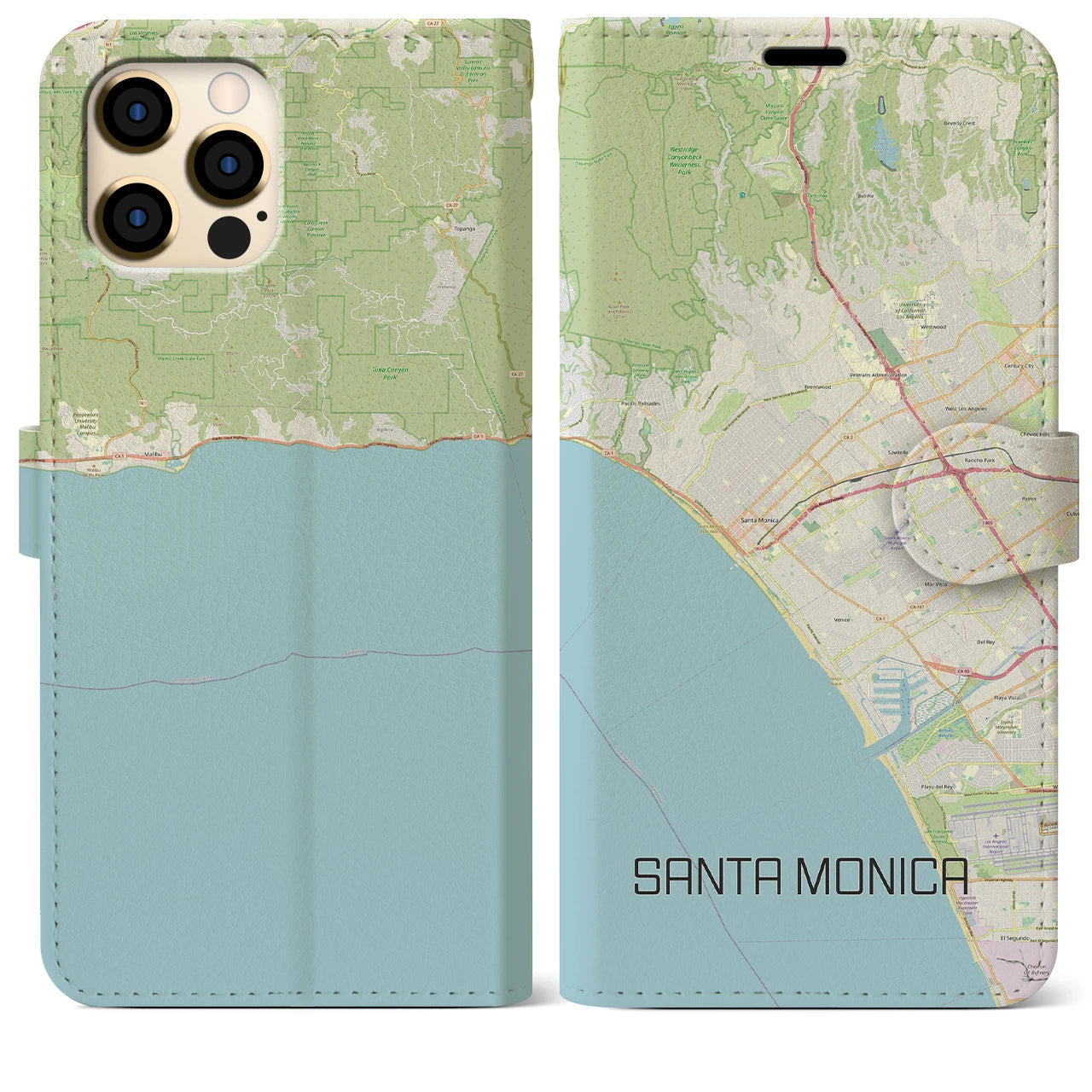 【サンタモニカ】地図柄iPhoneケース（手帳両面タイプ・ナチュラル）iPhone 12 Pro Max 用