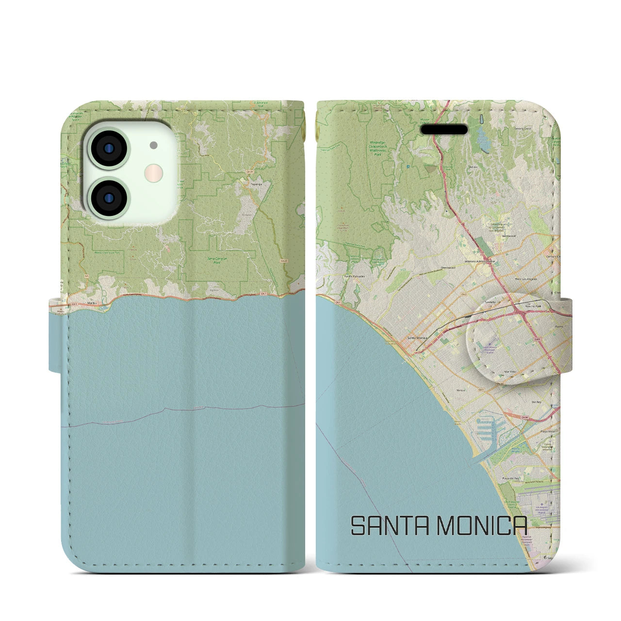 【サンタモニカ】地図柄iPhoneケース（手帳両面タイプ・ナチュラル）iPhone 12 mini 用