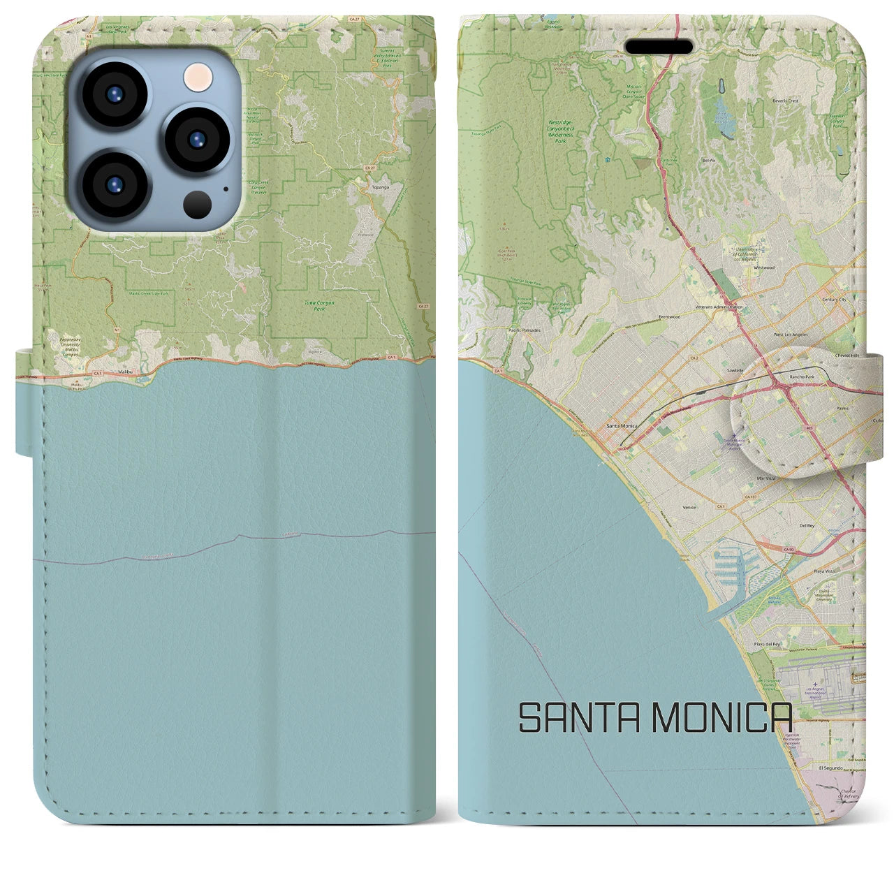 【サンタモニカ】地図柄iPhoneケース（手帳両面タイプ・ナチュラル）iPhone 13 Pro Max 用