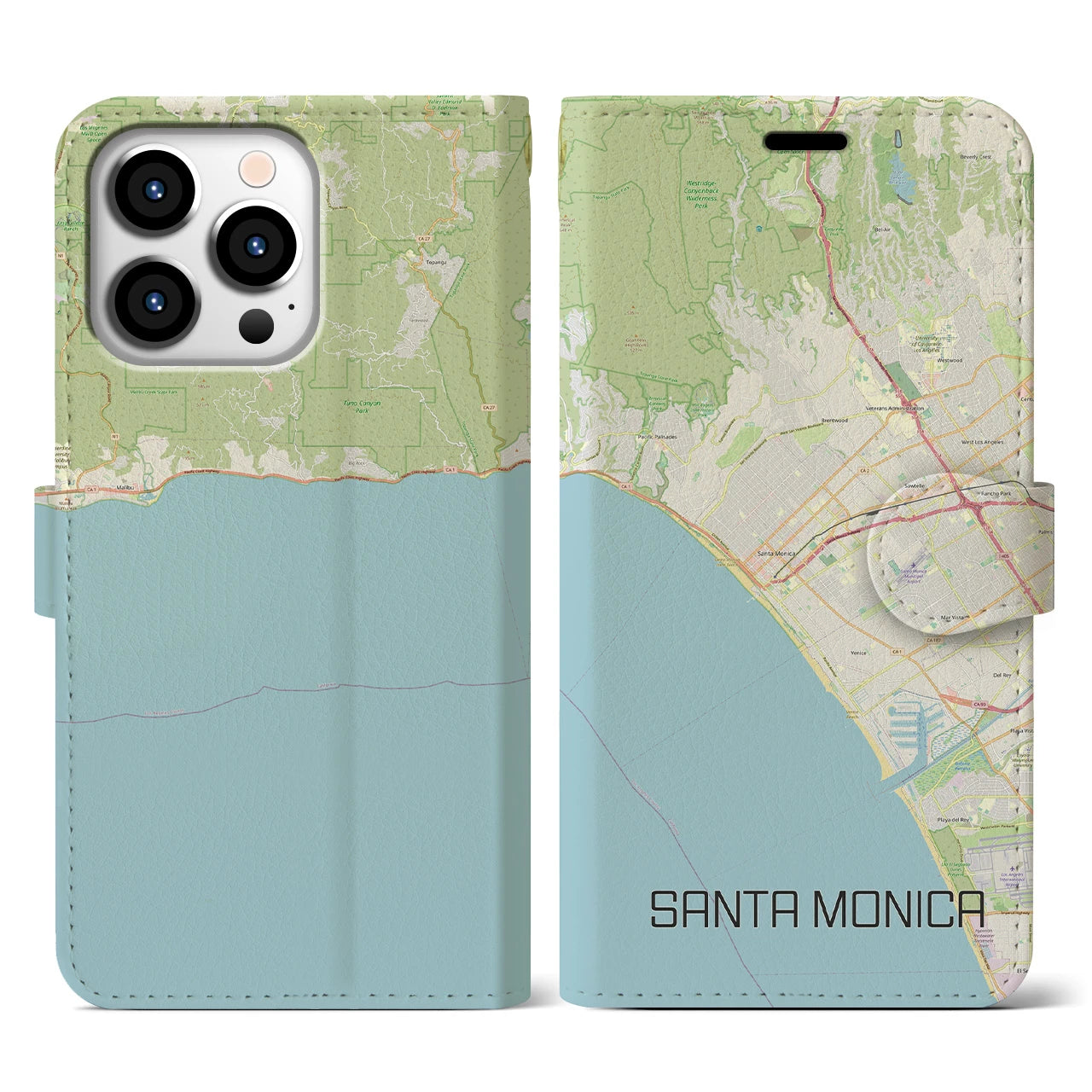 【サンタモニカ】地図柄iPhoneケース（手帳両面タイプ・ナチュラル）iPhone 13 Pro 用