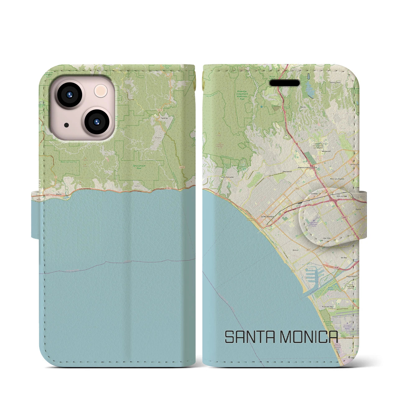 【サンタモニカ】地図柄iPhoneケース（手帳両面タイプ・ナチュラル）iPhone 13 mini 用