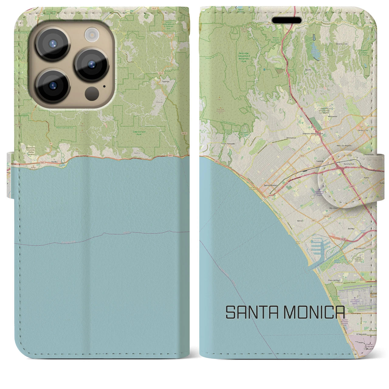 【サンタモニカ】地図柄iPhoneケース（手帳両面タイプ・ナチュラル）iPhone 14 Pro Max 用