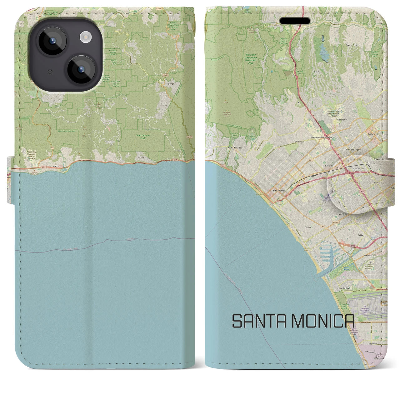 【サンタモニカ】地図柄iPhoneケース（手帳両面タイプ・ナチュラル）iPhone 14 Plus 用