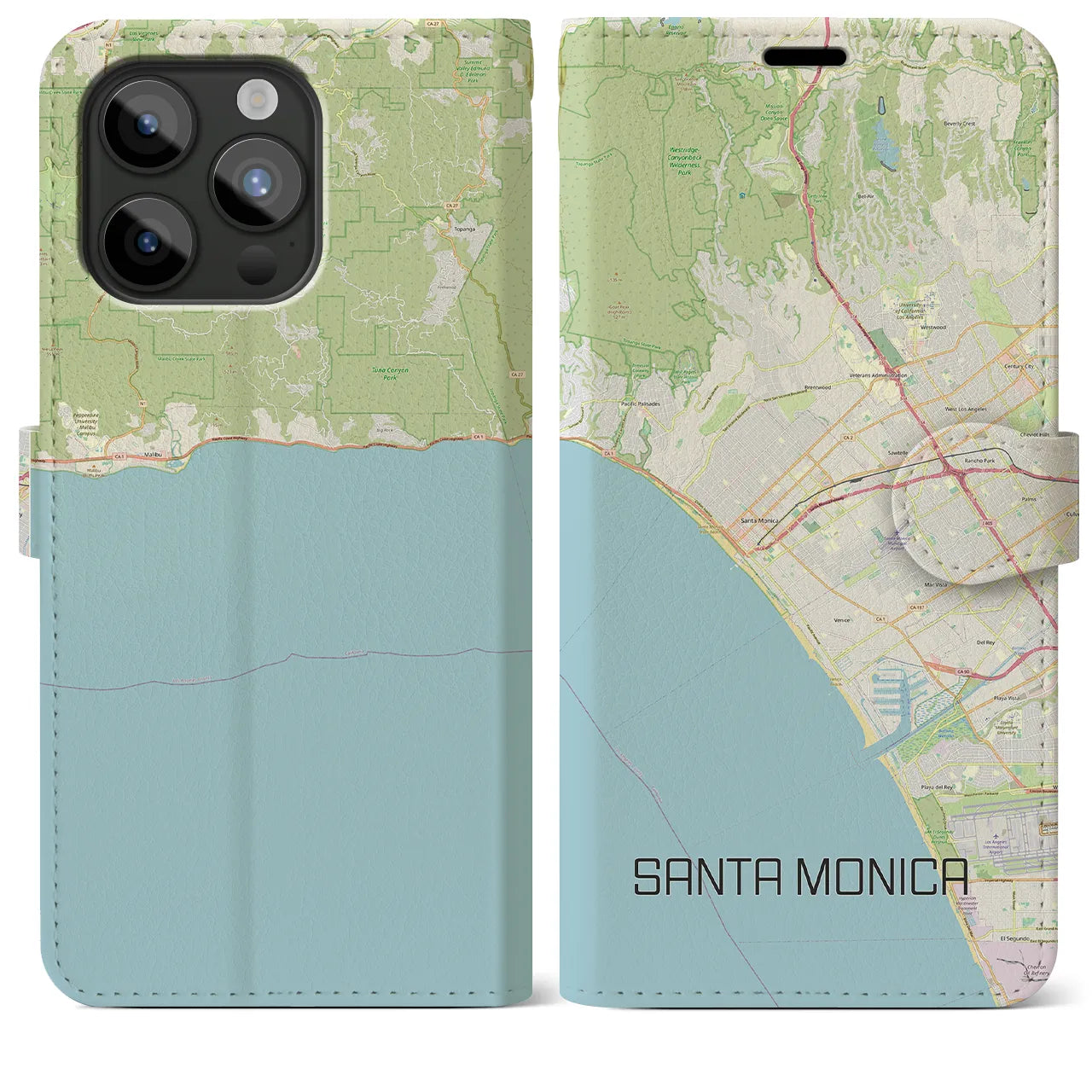 【サンタモニカ】地図柄iPhoneケース（手帳両面タイプ・ナチュラル）iPhone 15 Pro Max 用