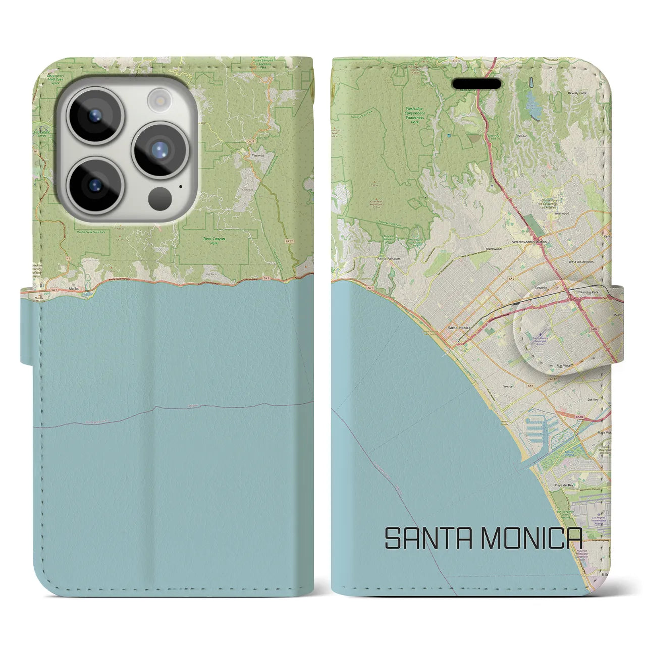 【サンタモニカ】地図柄iPhoneケース（手帳両面タイプ・ナチュラル）iPhone 15 Pro 用