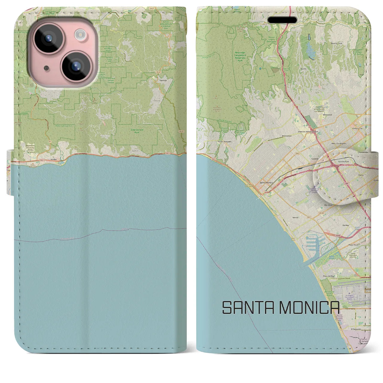 【サンタモニカ】地図柄iPhoneケース（手帳両面タイプ・ナチュラル）iPhone 15 Plus 用