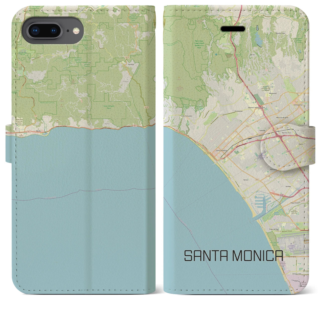 【サンタモニカ】地図柄iPhoneケース（手帳両面タイプ・ナチュラル）iPhone 8Plus /7Plus / 6sPlus / 6Plus 用