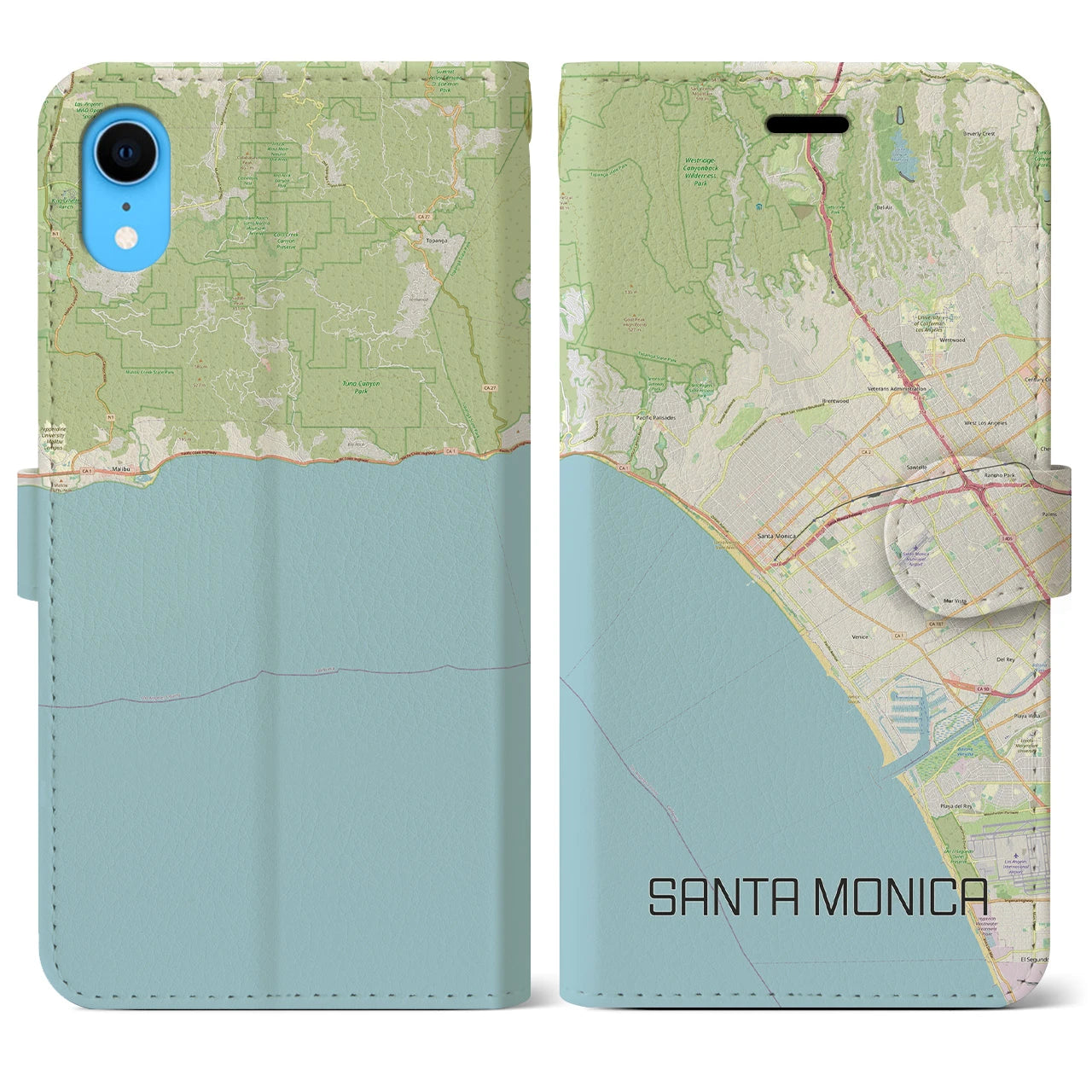 【サンタモニカ】地図柄iPhoneケース（手帳両面タイプ・ナチュラル）iPhone XR 用