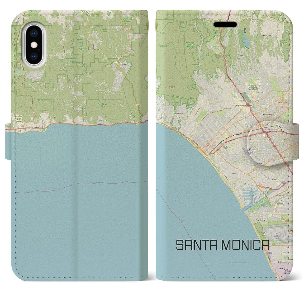 【サンタモニカ】地図柄iPhoneケース（手帳両面タイプ・ナチュラル）iPhone XS Max 用