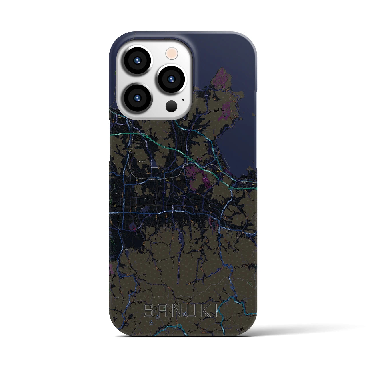 【さぬき】地図柄iPhoneケース（バックカバータイプ・ブラック）iPhone 13 Pro 用