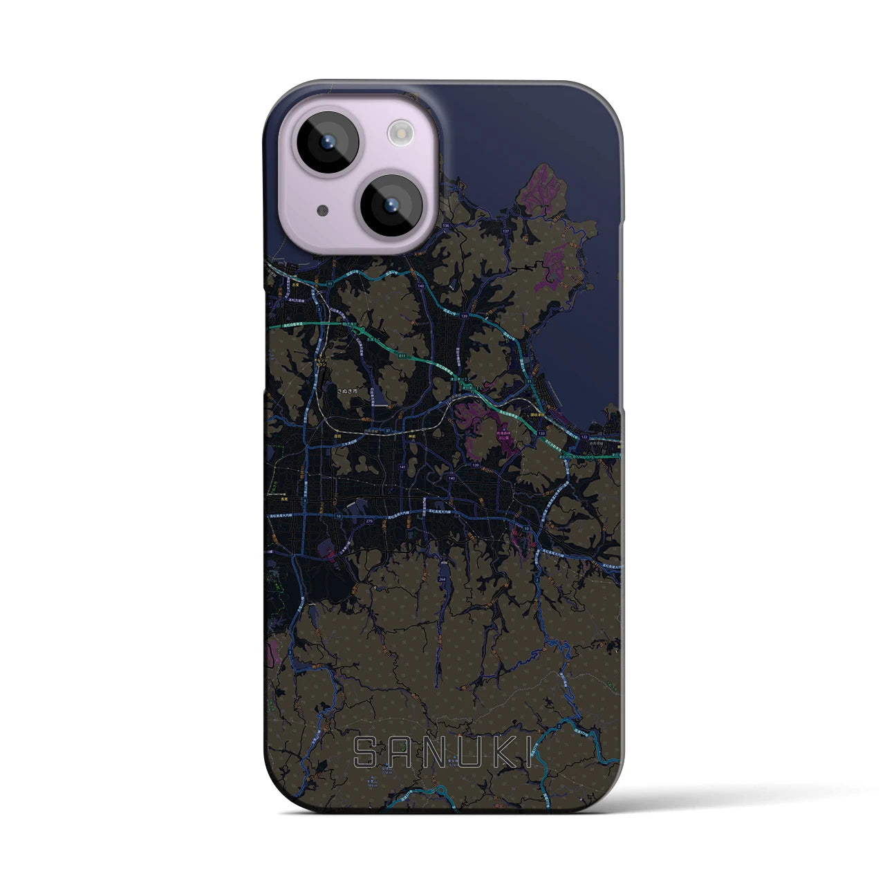 【さぬき】地図柄iPhoneケース（バックカバータイプ・ブラック）iPhone 14 用