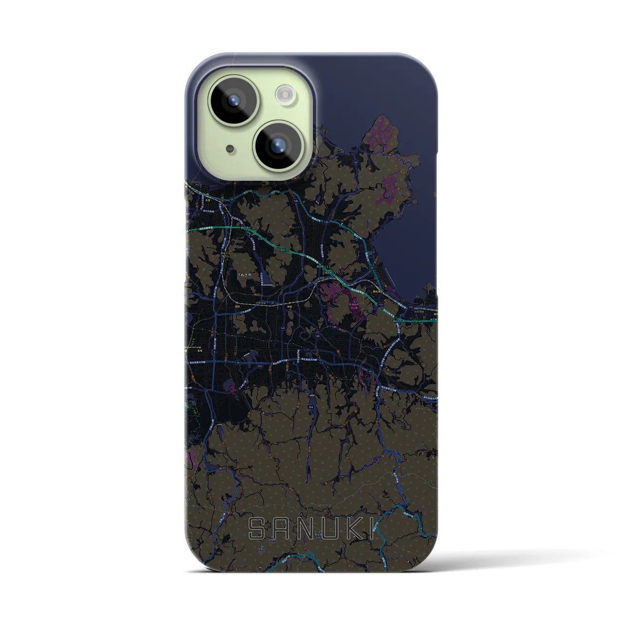 【さぬき】地図柄iPhoneケース（バックカバータイプ・ブラック）iPhone 15 用