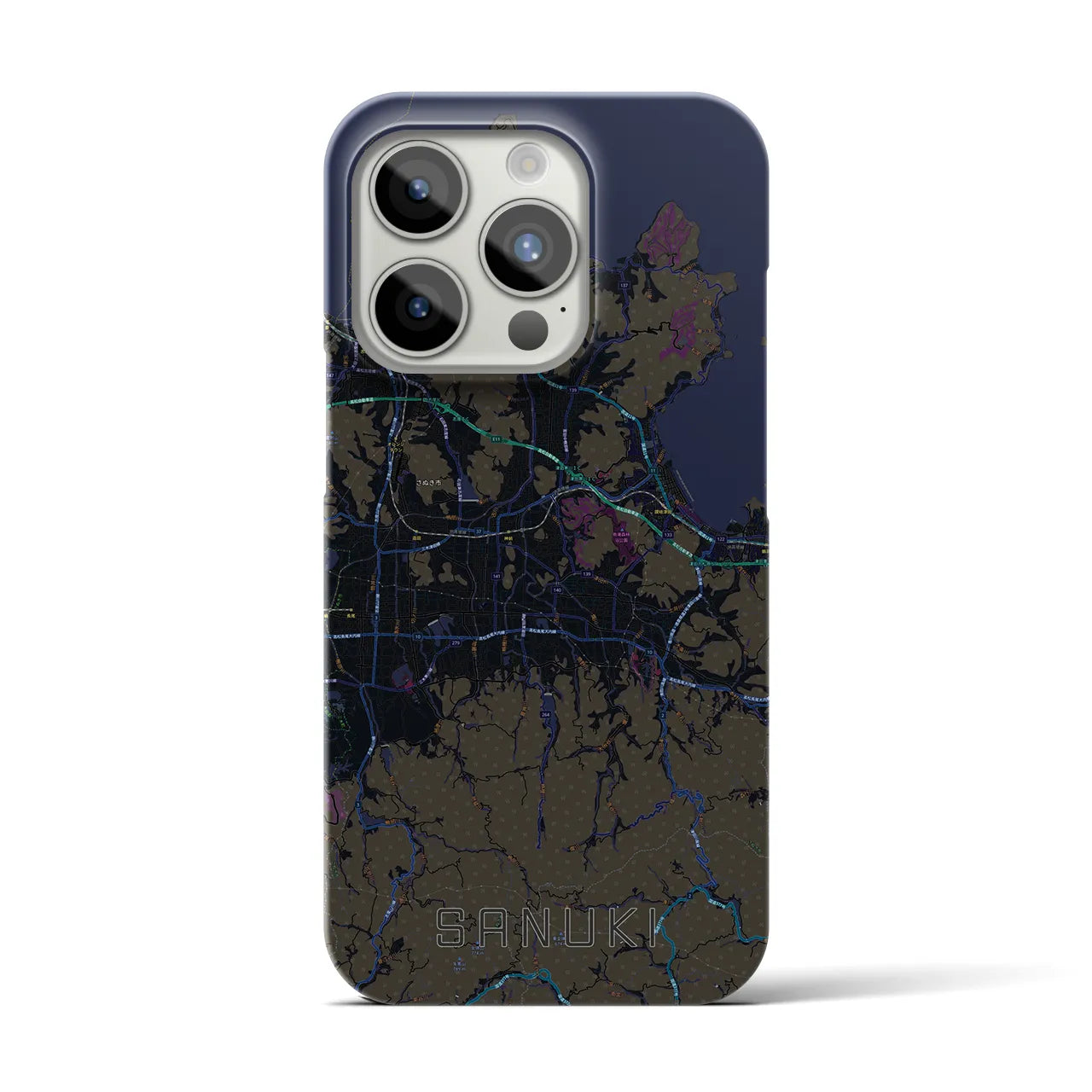 【さぬき】地図柄iPhoneケース（バックカバータイプ・ブラック）iPhone 15 Pro 用