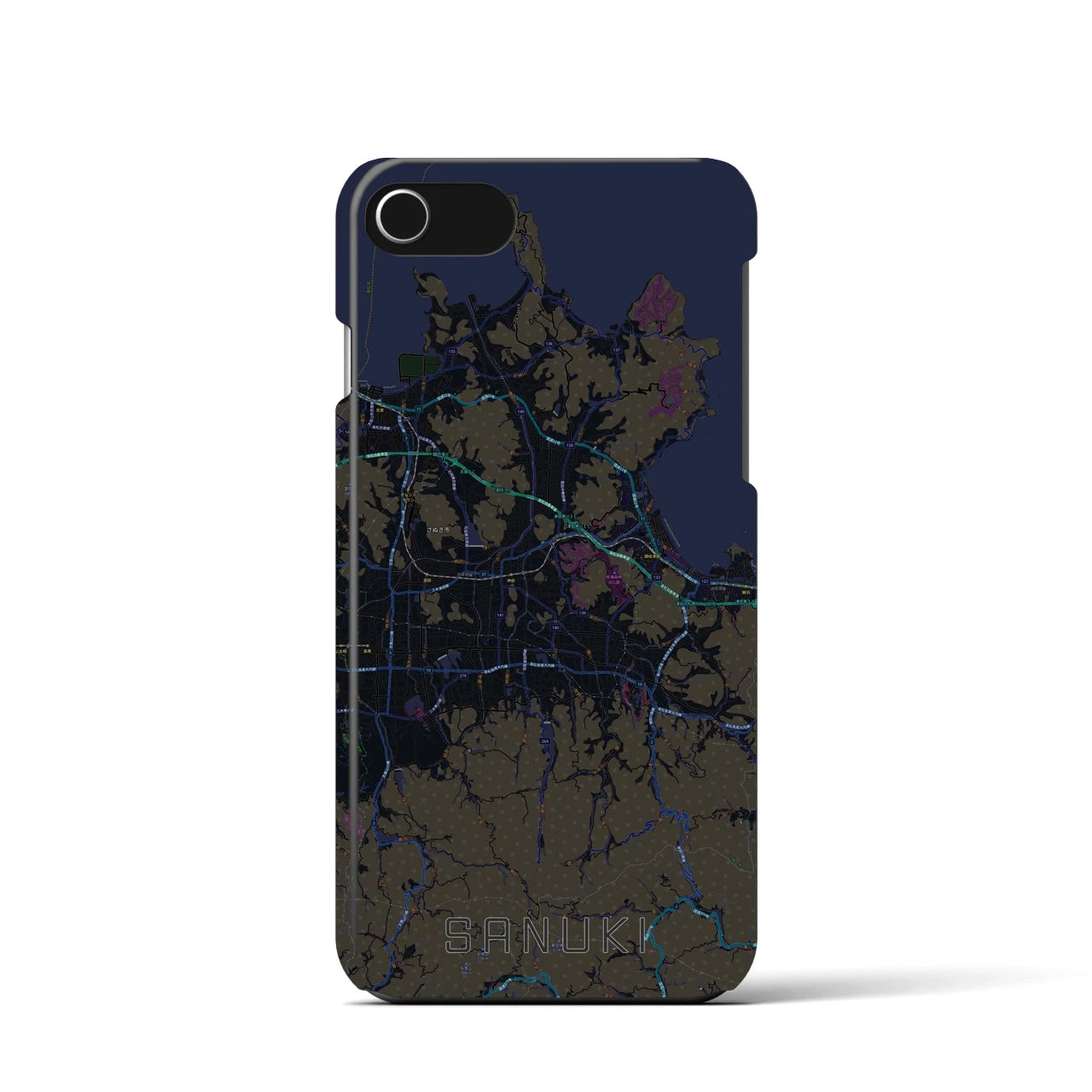 【さぬき】地図柄iPhoneケース（バックカバータイプ・ブラック）iPhone SE（第3 / 第2世代） / 8 / 7 / 6s / 6 用