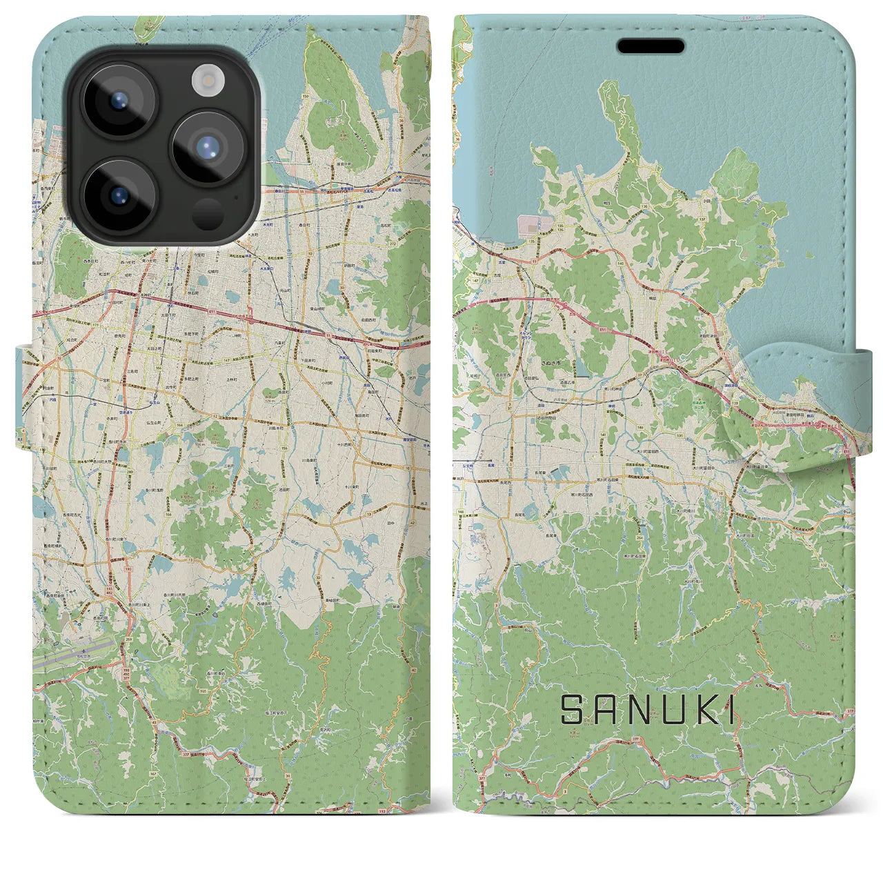 【さぬき】地図柄iPhoneケース（手帳両面タイプ・ナチュラル）iPhone 15 Pro Max 用