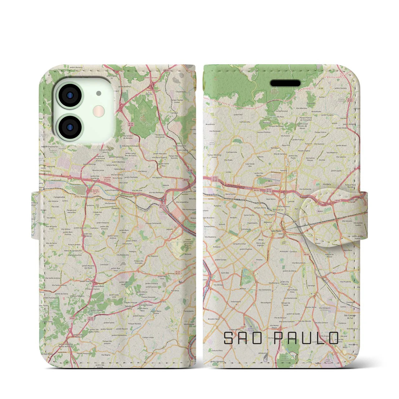 【サンパウロ】地図柄iPhoneケース（手帳両面タイプ・ナチュラル）iPhone 12 mini 用