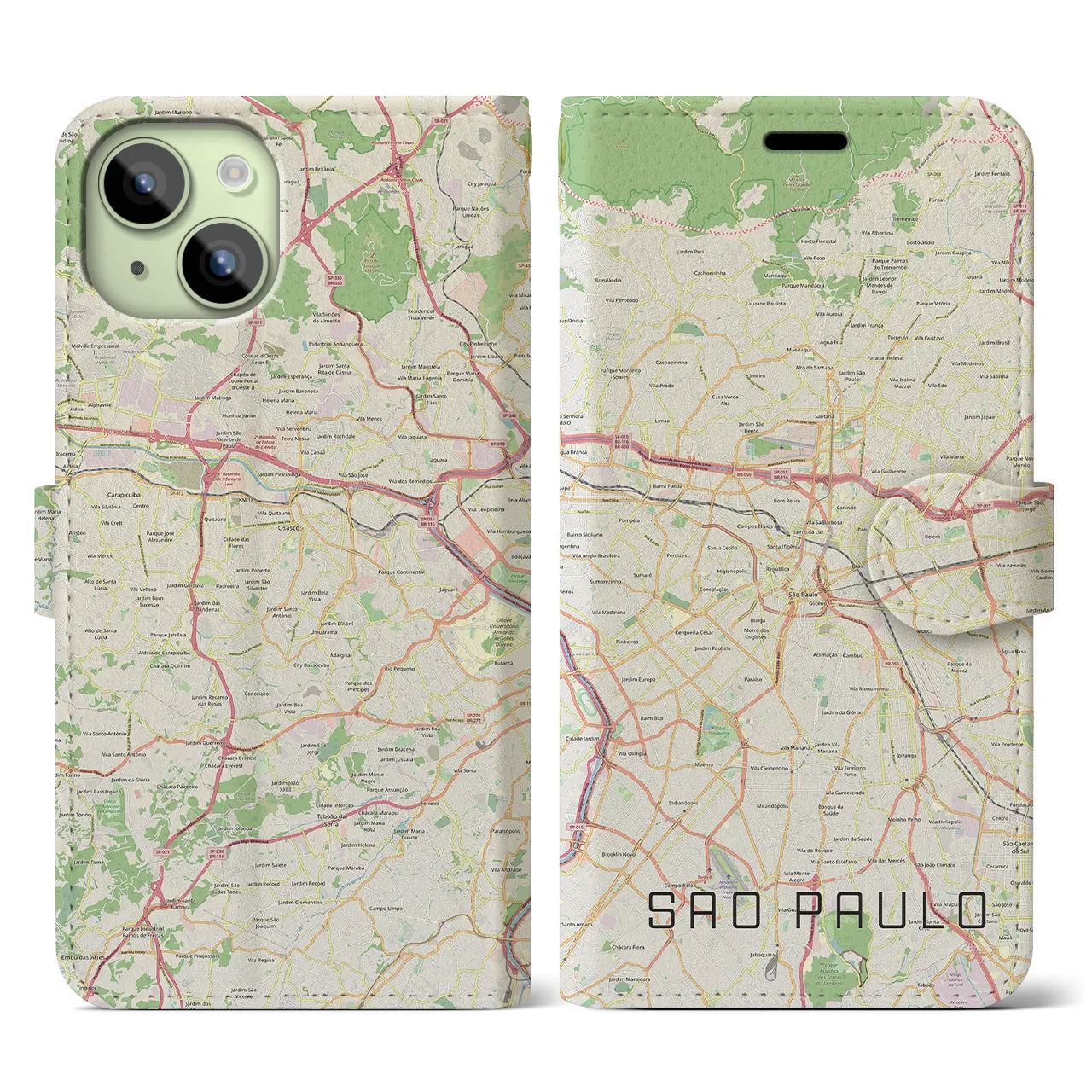 【サンパウロ】地図柄iPhoneケース（手帳両面タイプ・ナチュラル）iPhone 15 用