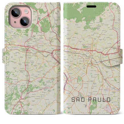 【サンパウロ（ブラジル）】地図柄iPhoneケース（手帳タイプ）ナチュラル・iPhone 15 Plus 用