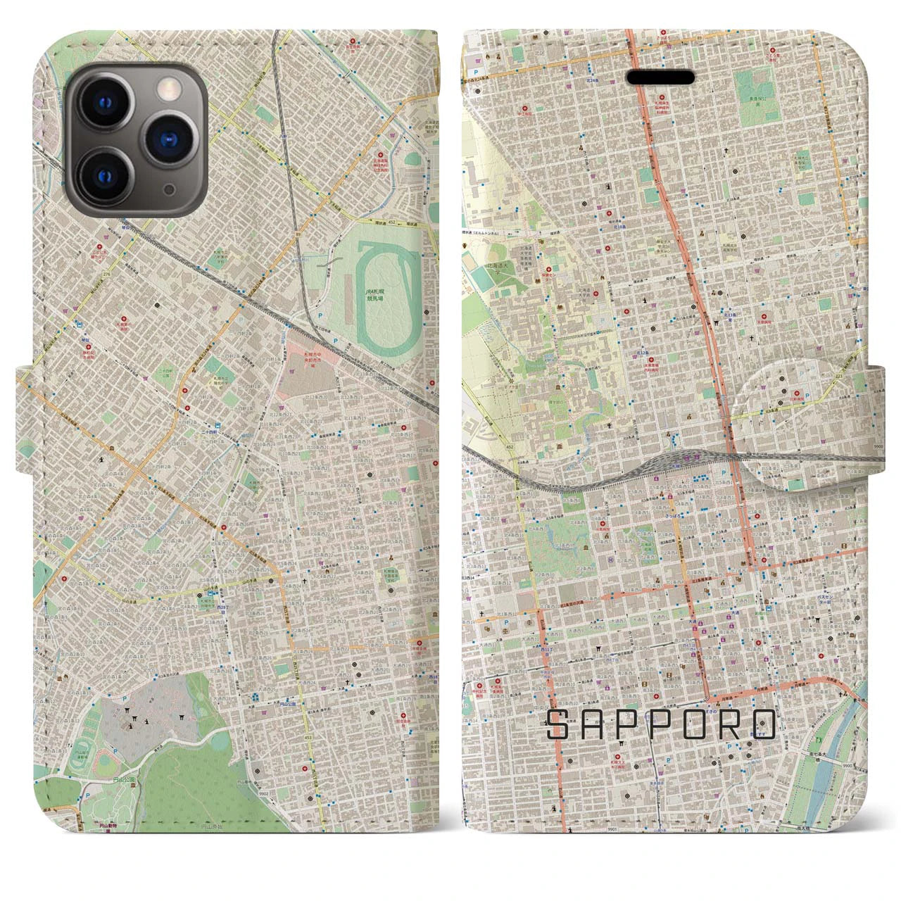 【札幌2】地図柄iPhoneケース（手帳両面タイプ・ナチュラル）iPhone 11 Pro Max 用