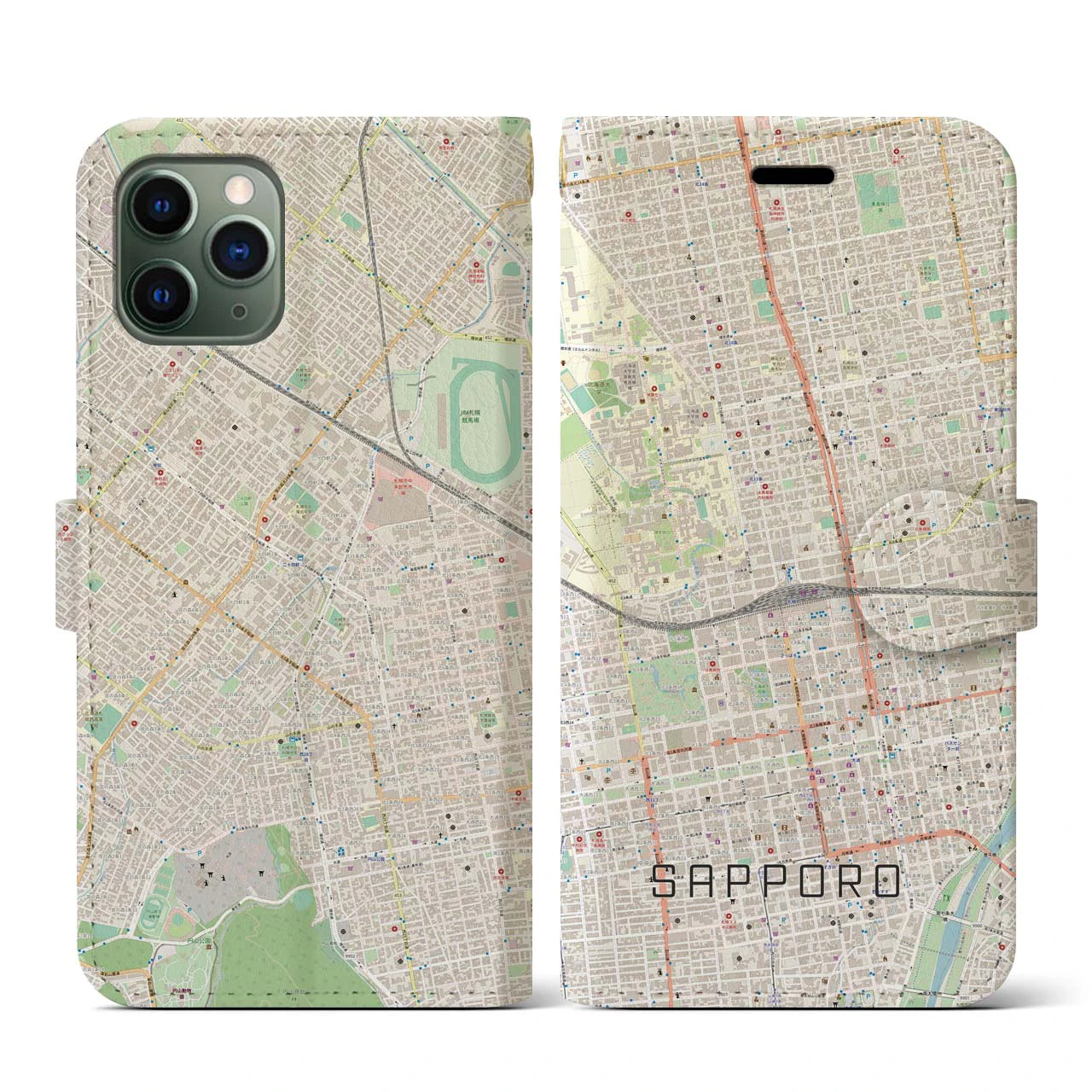 【札幌2】地図柄iPhoneケース（手帳両面タイプ・ナチュラル）iPhone 11 Pro 用
