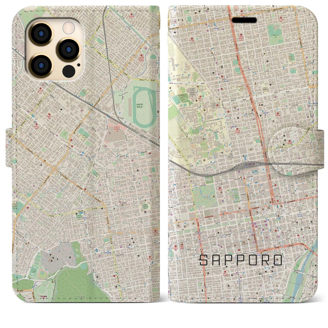 【札幌2】地図柄iPhoneケース（手帳両面タイプ・ナチュラル）iPhone 12 Pro Max 用