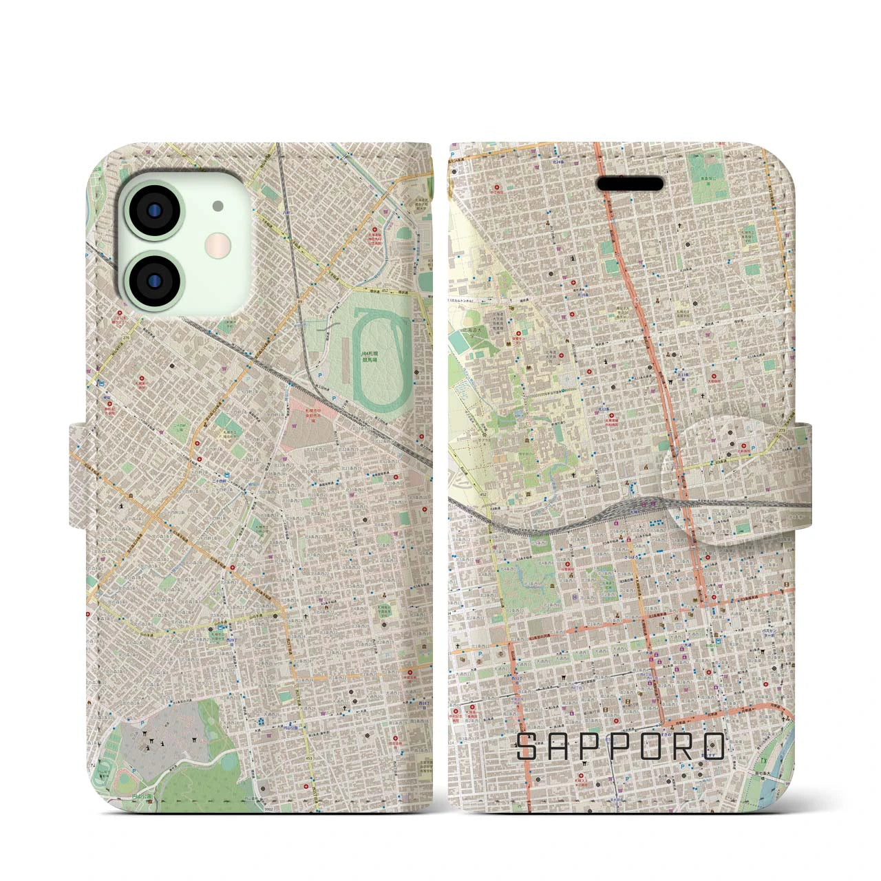 【札幌2】地図柄iPhoneケース（手帳両面タイプ・ナチュラル）iPhone 12 mini 用