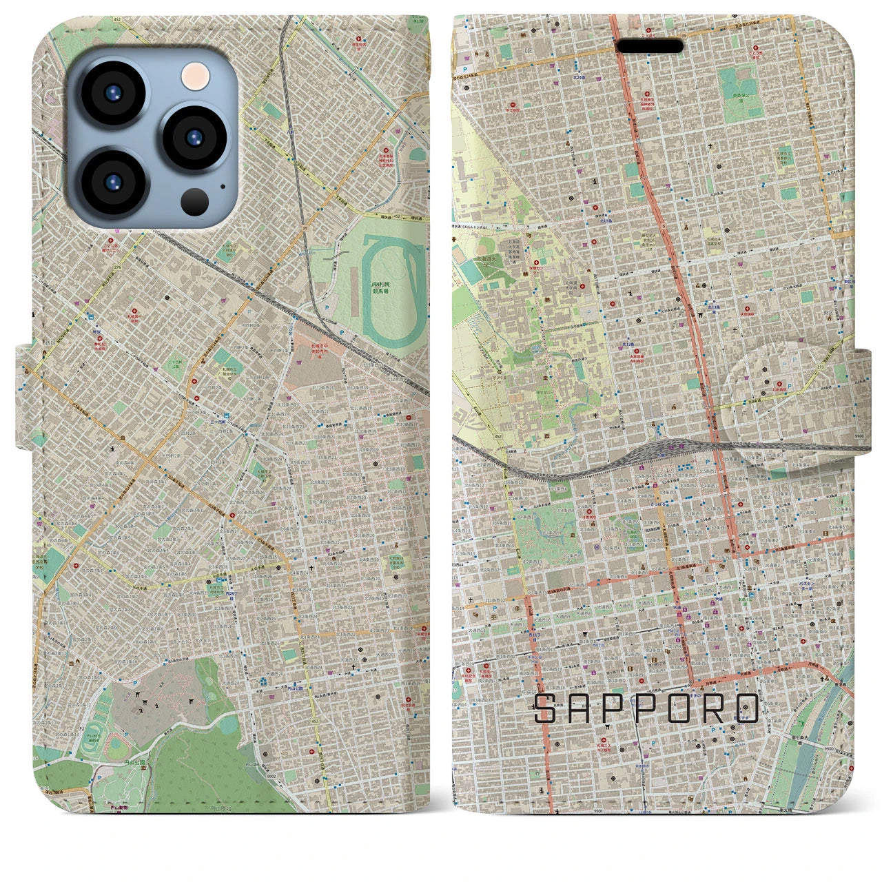 【札幌2】地図柄iPhoneケース（手帳両面タイプ・ナチュラル）iPhone 13 Pro Max 用