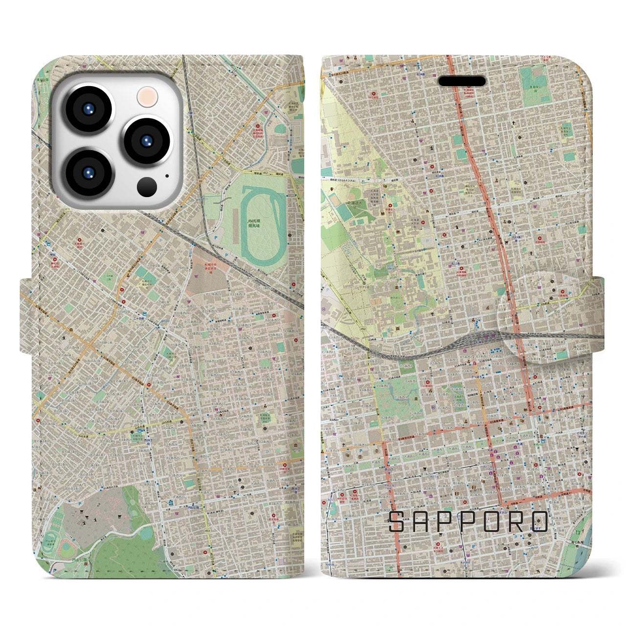 【札幌2】地図柄iPhoneケース（手帳両面タイプ・ナチュラル）iPhone 13 Pro 用