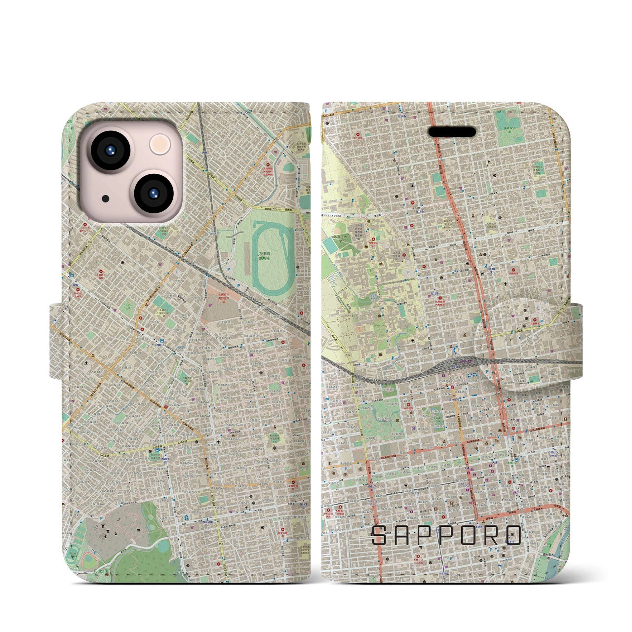【札幌2】地図柄iPhoneケース（手帳両面タイプ・ナチュラル）iPhone 13 mini 用