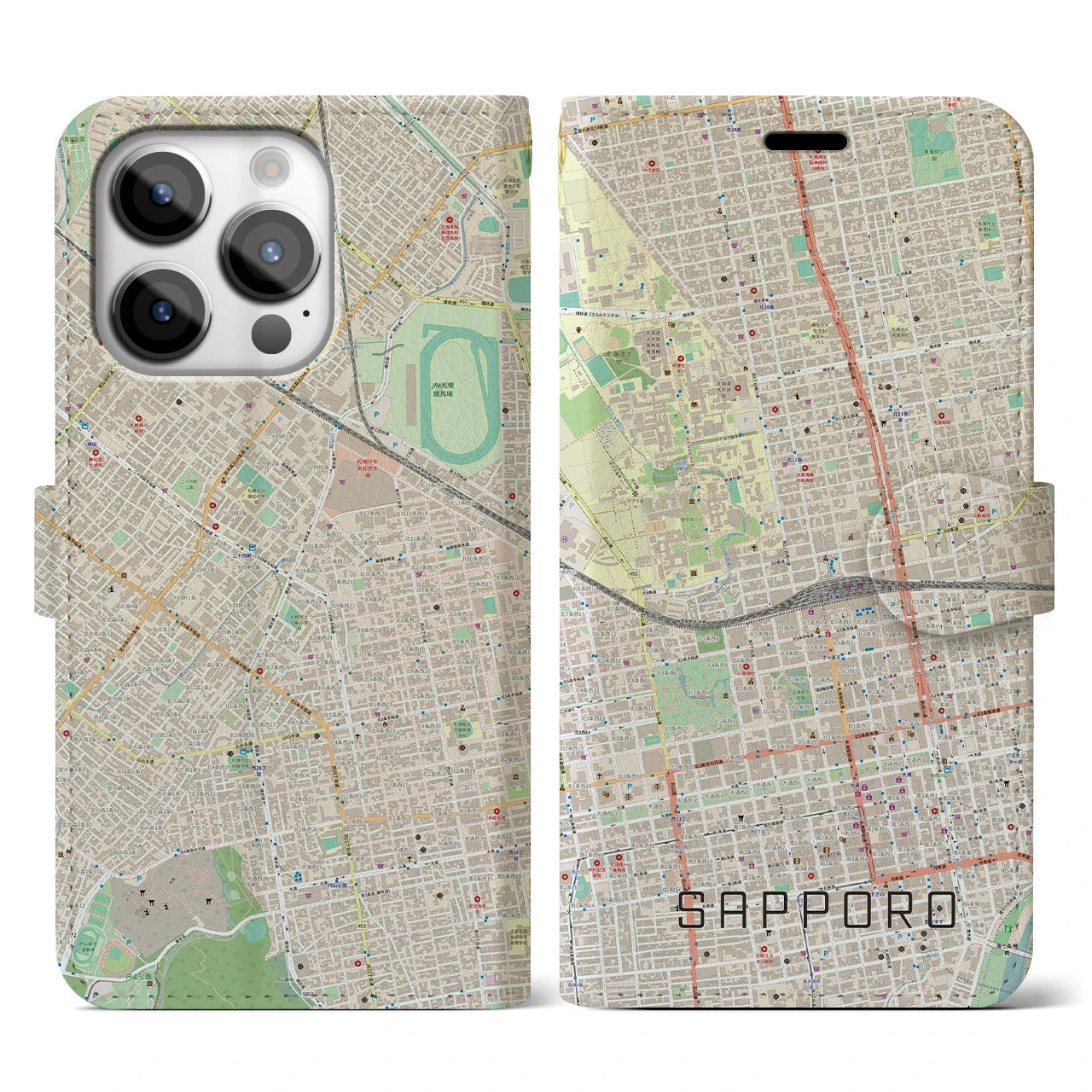 【札幌2】地図柄iPhoneケース（手帳両面タイプ・ナチュラル）iPhone 14 Pro 用