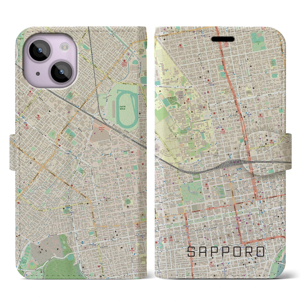 【札幌2】地図柄iPhoneケース（手帳両面タイプ・ナチュラル）iPhone 14 用
