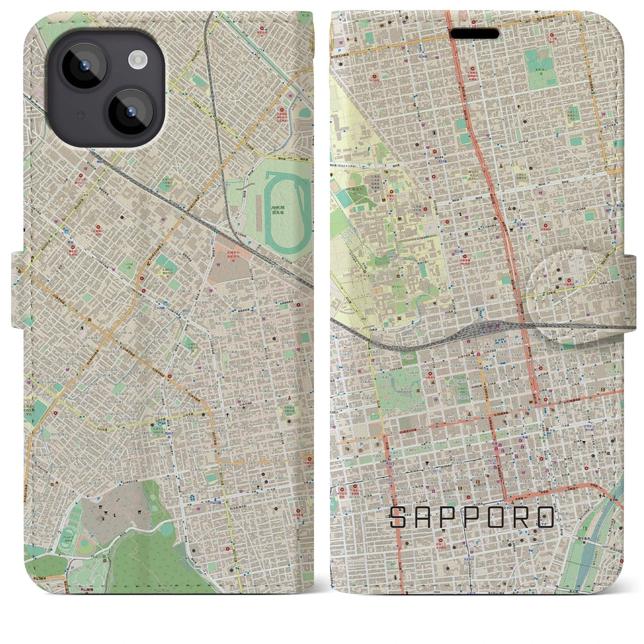 【札幌2】地図柄iPhoneケース（手帳両面タイプ・ナチュラル）iPhone 14 Plus 用