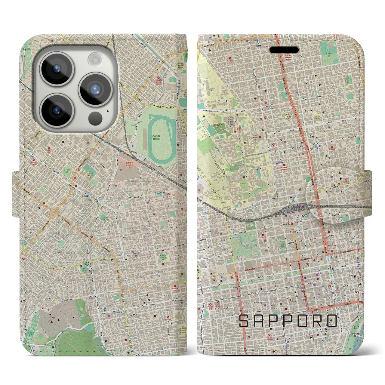 【札幌2】地図柄iPhoneケース（手帳両面タイプ・ナチュラル）iPhone 15 Pro 用