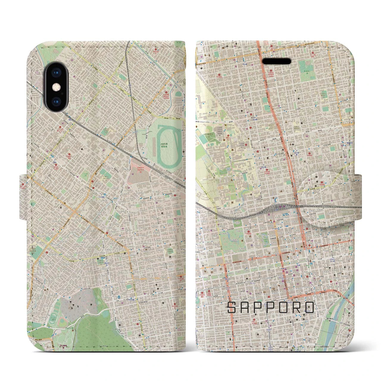 【札幌2】地図柄iPhoneケース（手帳両面タイプ・ナチュラル）iPhone XS / X 用