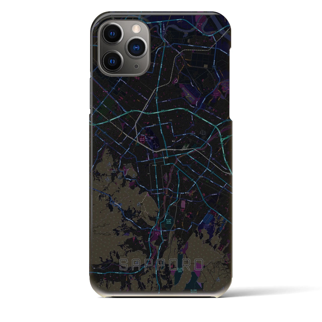 【札幌3】地図柄iPhoneケース（バックカバータイプ・ブラック）iPhone 11 Pro Max 用